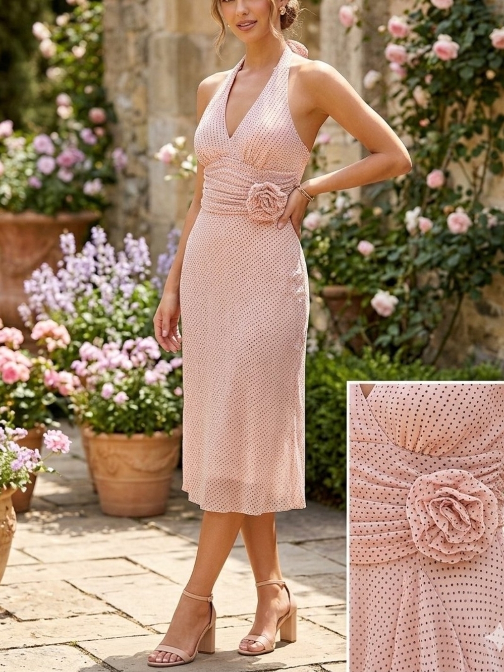 BCBGMAXAZRIA Chiffon Polka Dot Blush pink Halter V-Neck Sheath Midi Dress 12 Y2K